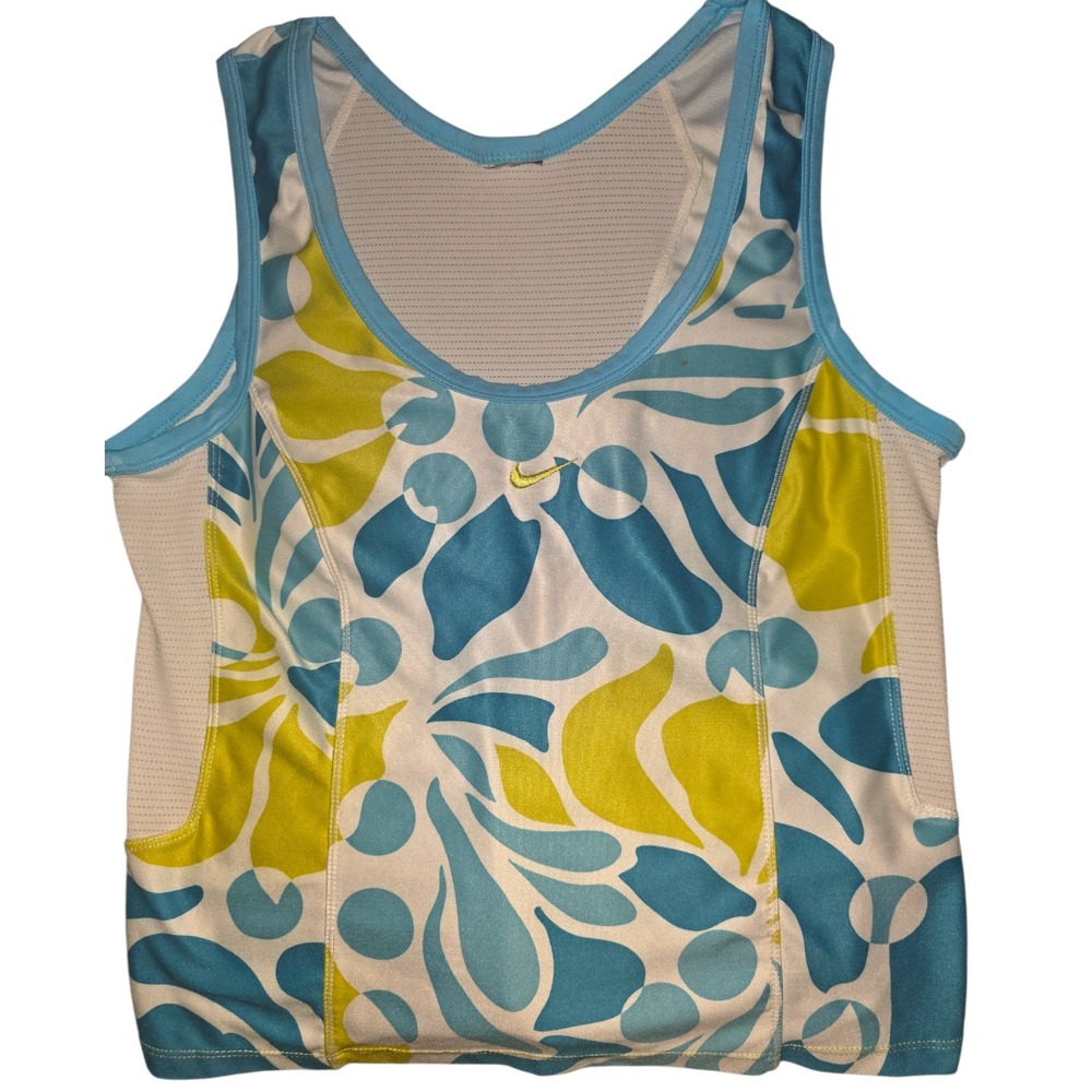 Nike Women Athletic Tank Top Blue Yellow White Abstract Print Athletic Fit M/L